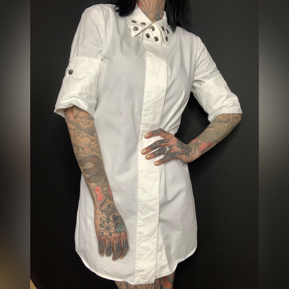 MM6 Maison Margiela white button down shirt dress with silver snaps